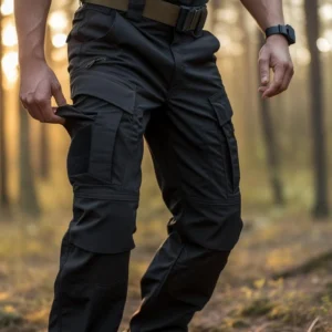 Spodnie Brandit Tactical Rip-Stop w akcji - wytrzymały splot RIP-STOP i funkcjonalne kieszenie cargo dla outdoor enthusiast