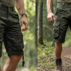 Męskie szorty taktyczne Brandit Urban Legend w kolorze Olive - model w terenie leśnym prezentujący funkcjonalne kieszenie cargo z zatrzaskami, ściągacze w nogawkach i wytrzymałą konstrukcję z bawełny. Idealne do outdoor, survial i urban exploration.