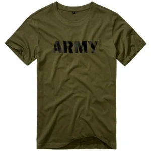 Koszulka męska Brandit Army T-shirt z krótkim rękawem, regularny krój, bawełna 160g/m², nadruk ARMY na klatce piersiowej, militarny styl casual, widok na przód koszulki na neutralnym tle.
